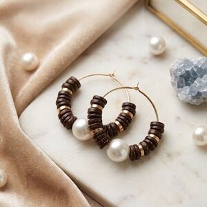 Gold Hoop Earrings with Brown Wood Discs and White Pearl